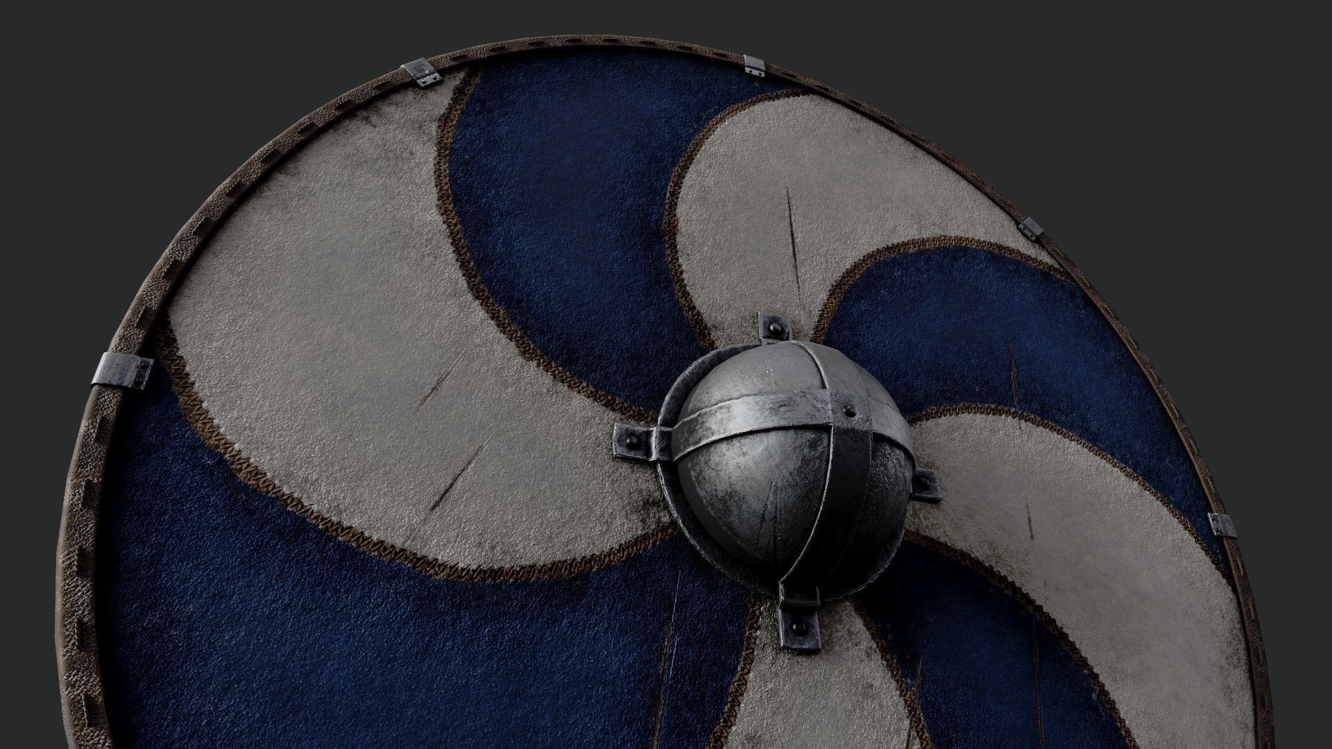 Slavic round leather shield-painted blue and white sun wheel Low-poly 3D model_4