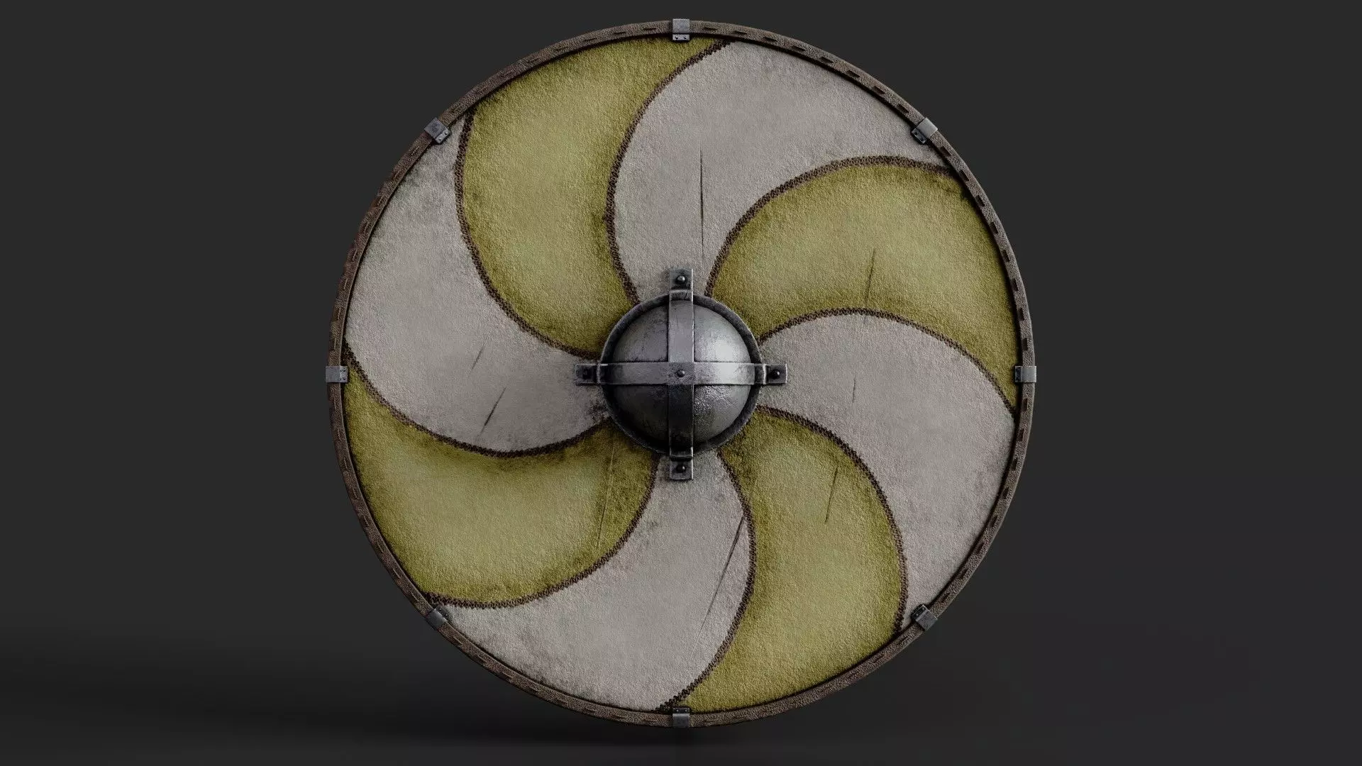 Slavic round leather shield-painted yellow and white sun wheel Low-poly 3D model_0