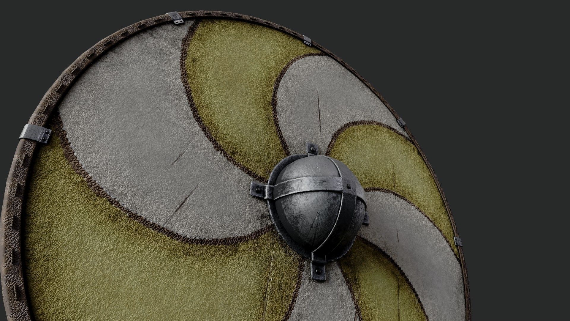 Slavic round leather shield-painted yellow and white sun wheel Low-poly 3D model_4