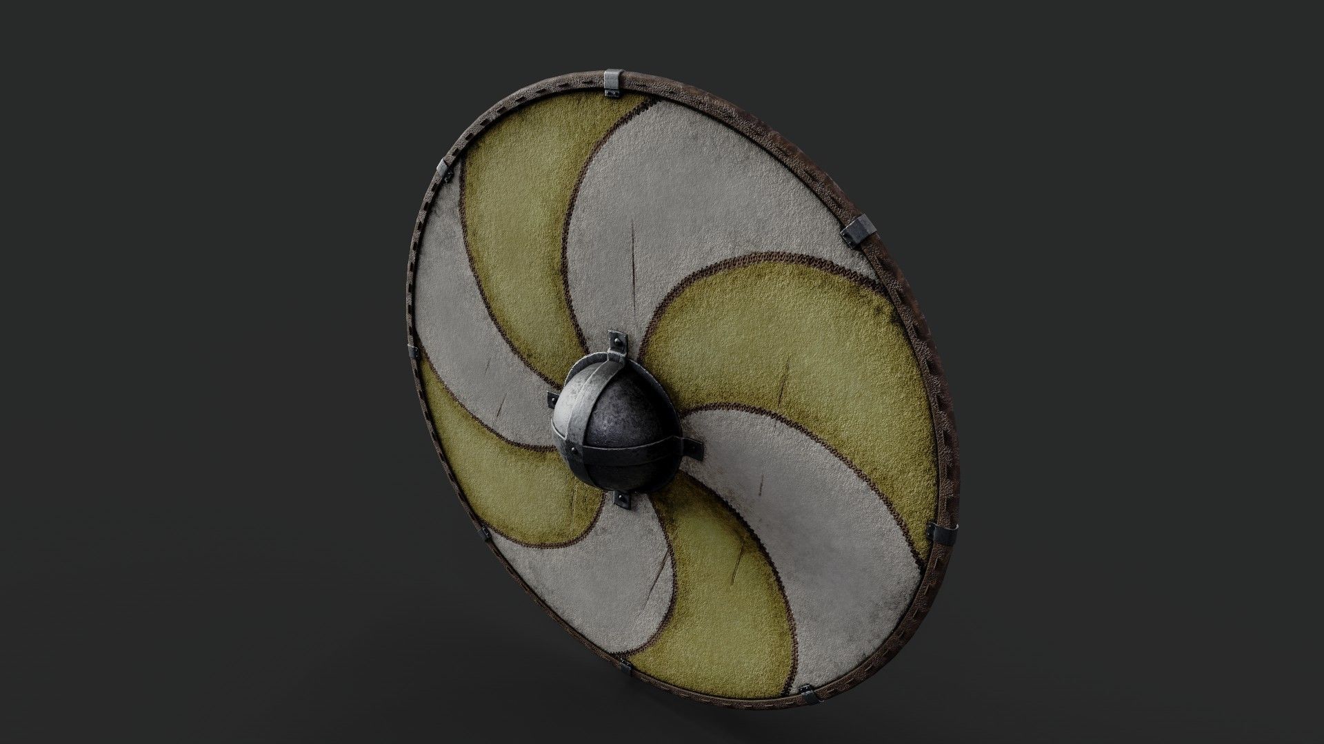 Slavic round leather shield-painted yellow and white sun wheel Low-poly 3D model_5
