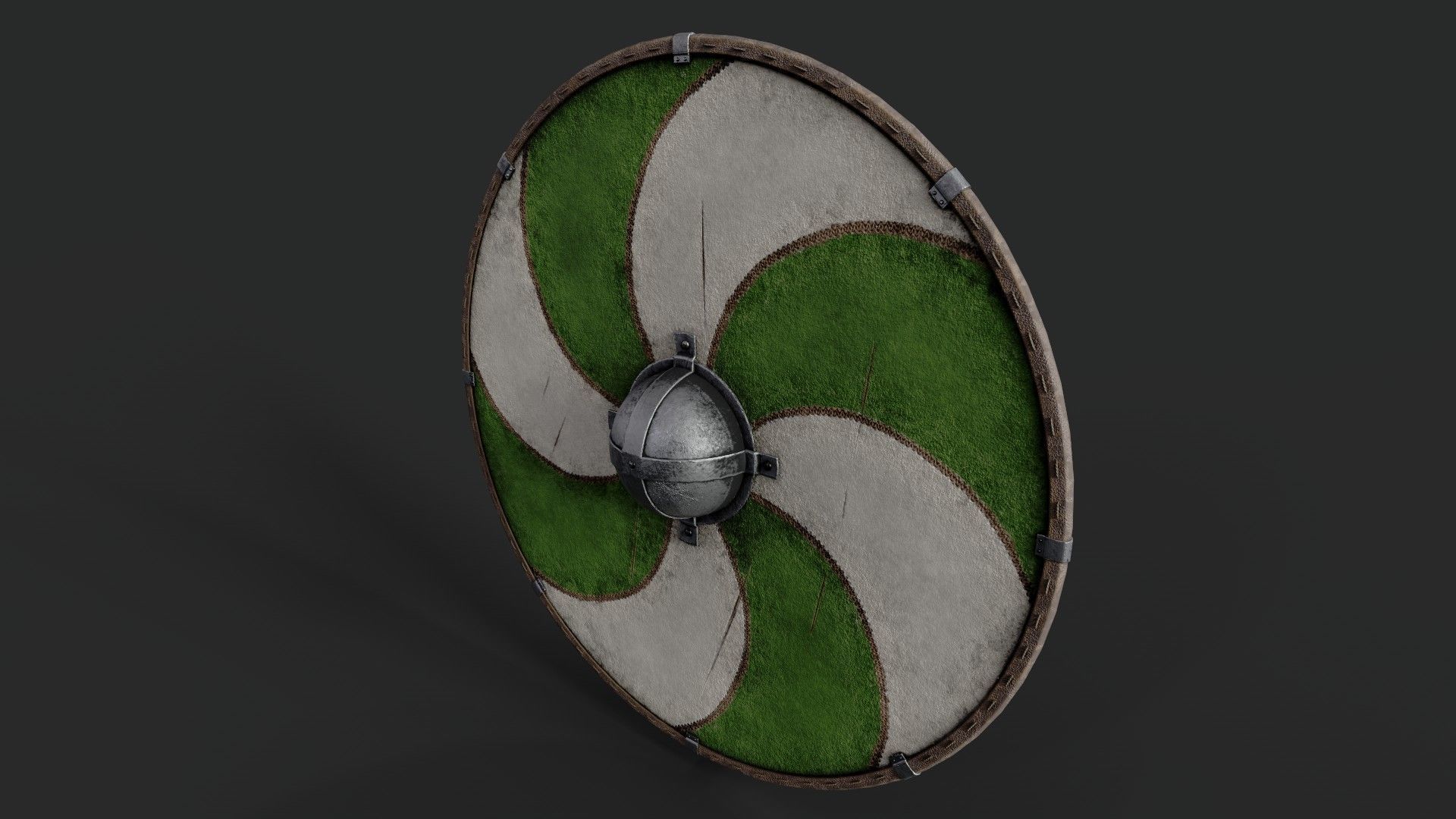 Slavic round leather shield-painted green and white sun wheel Low-poly 3D model_5