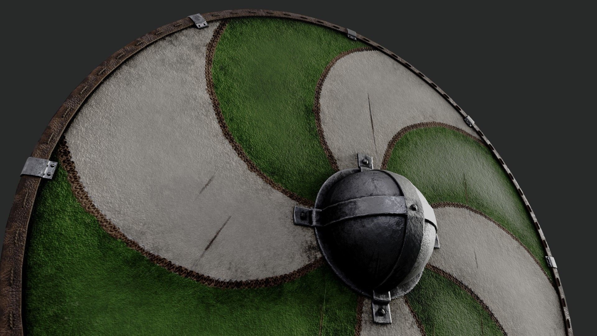 Slavic round leather shield-painted green and white sun wheel Low-poly 3D model_4