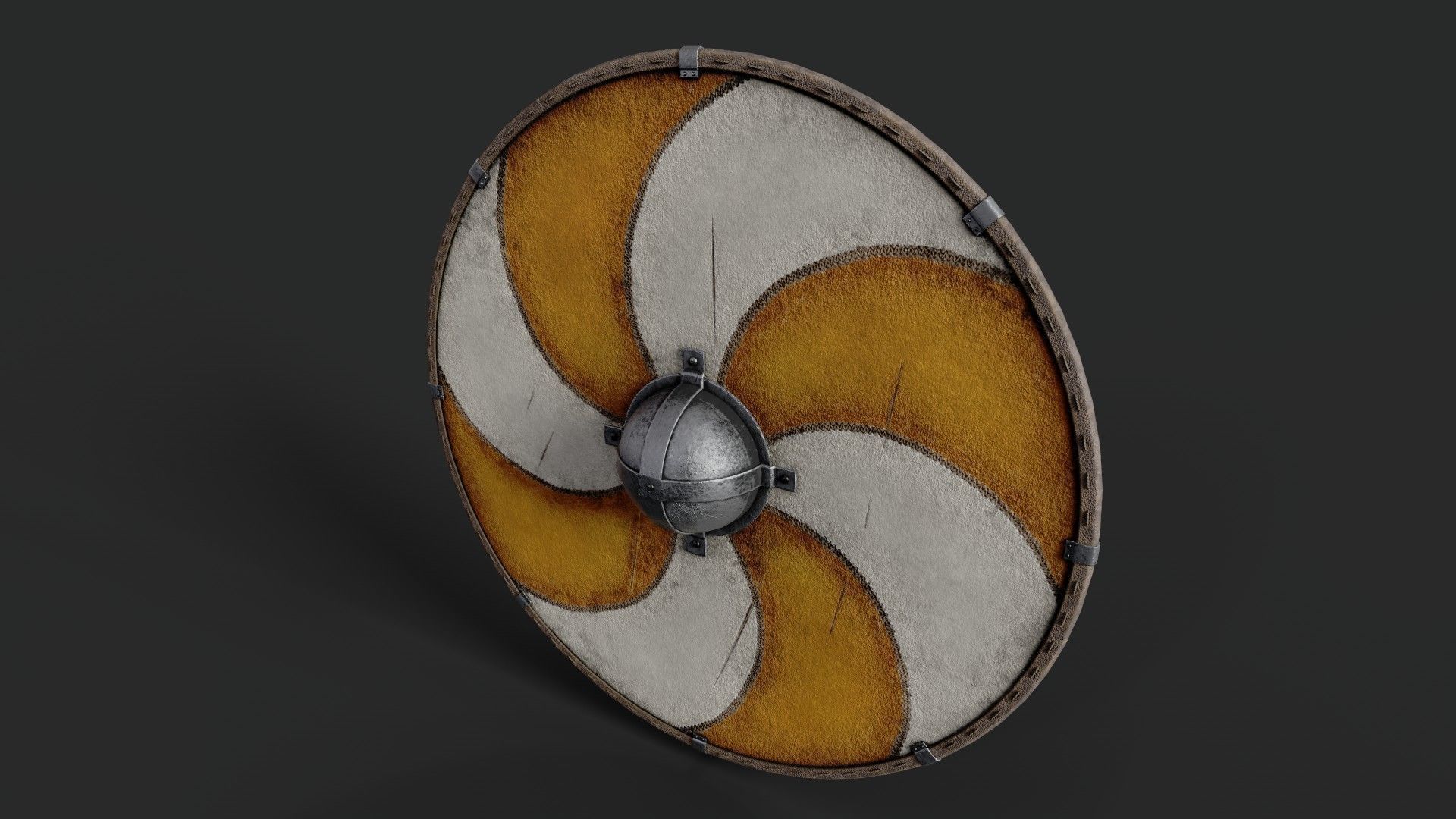 Slavic round leather shield-painted orange and white sun wheel Low-poly 3D model_5