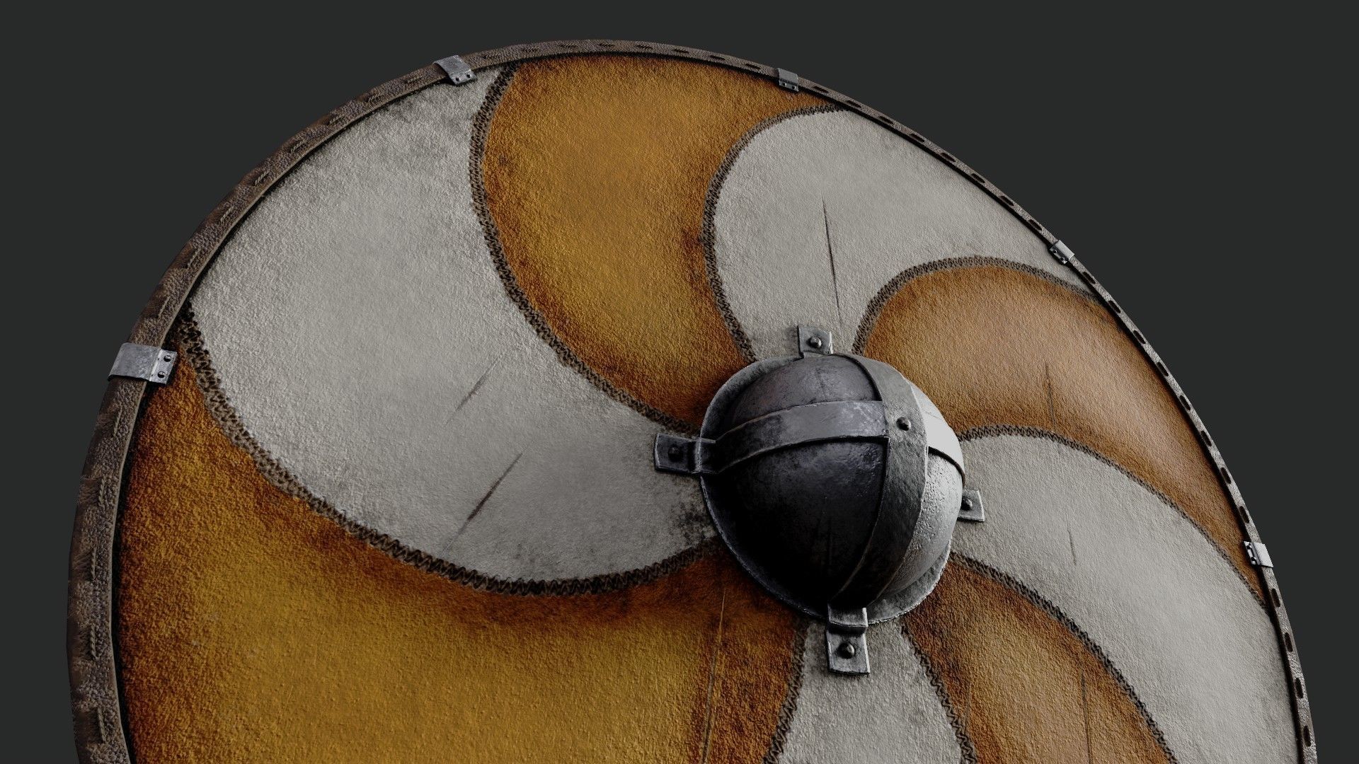 Slavic round leather shield-painted orange and white sun wheel Low-poly 3D model_4