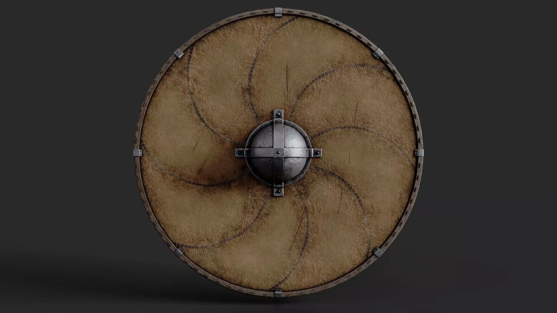 Slavic round leather shield- sun wheel Low-poly 3D model_0