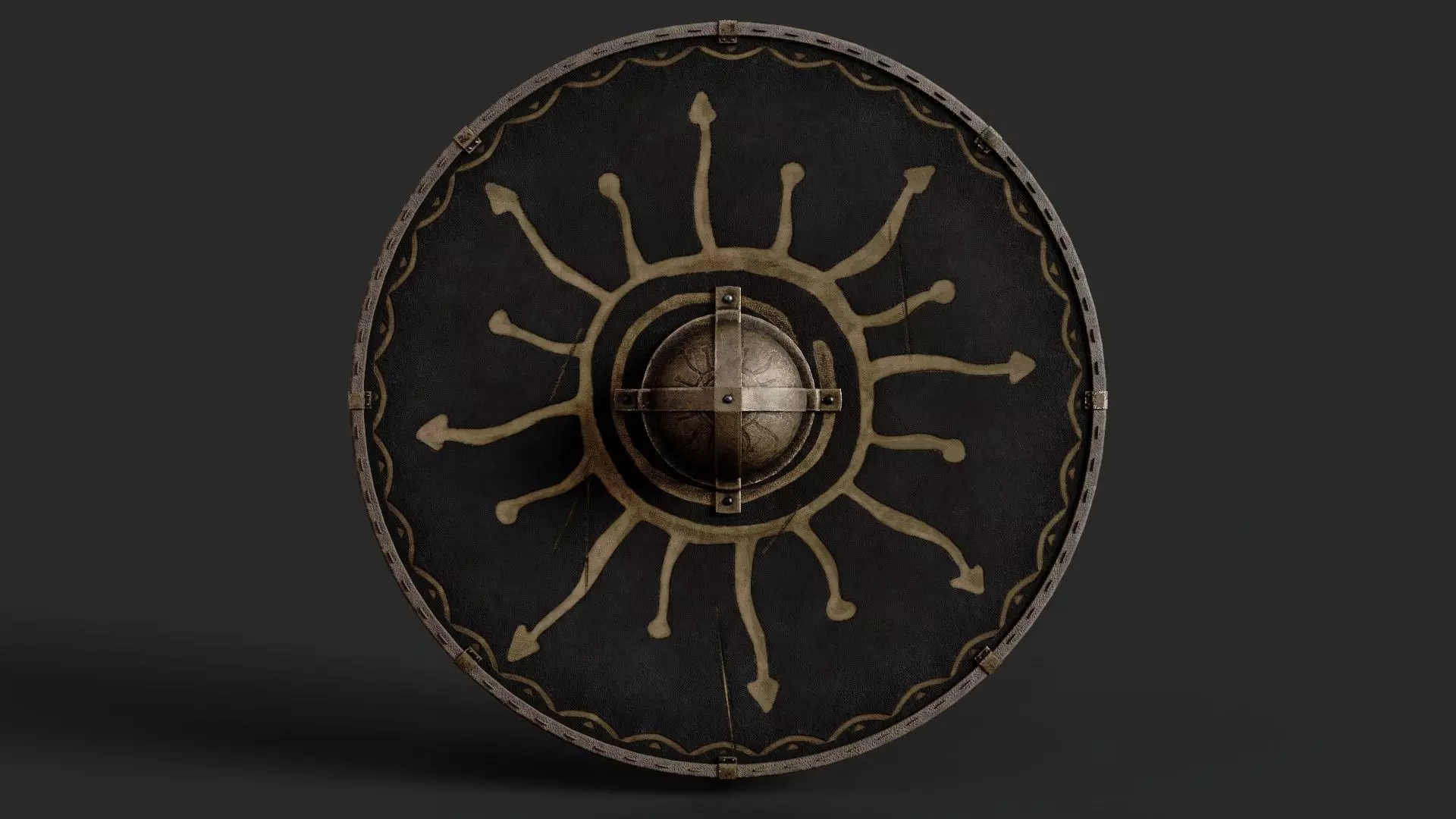 Slavic round leather shield-painted black with Sun symbol Low-poly 3D model_0