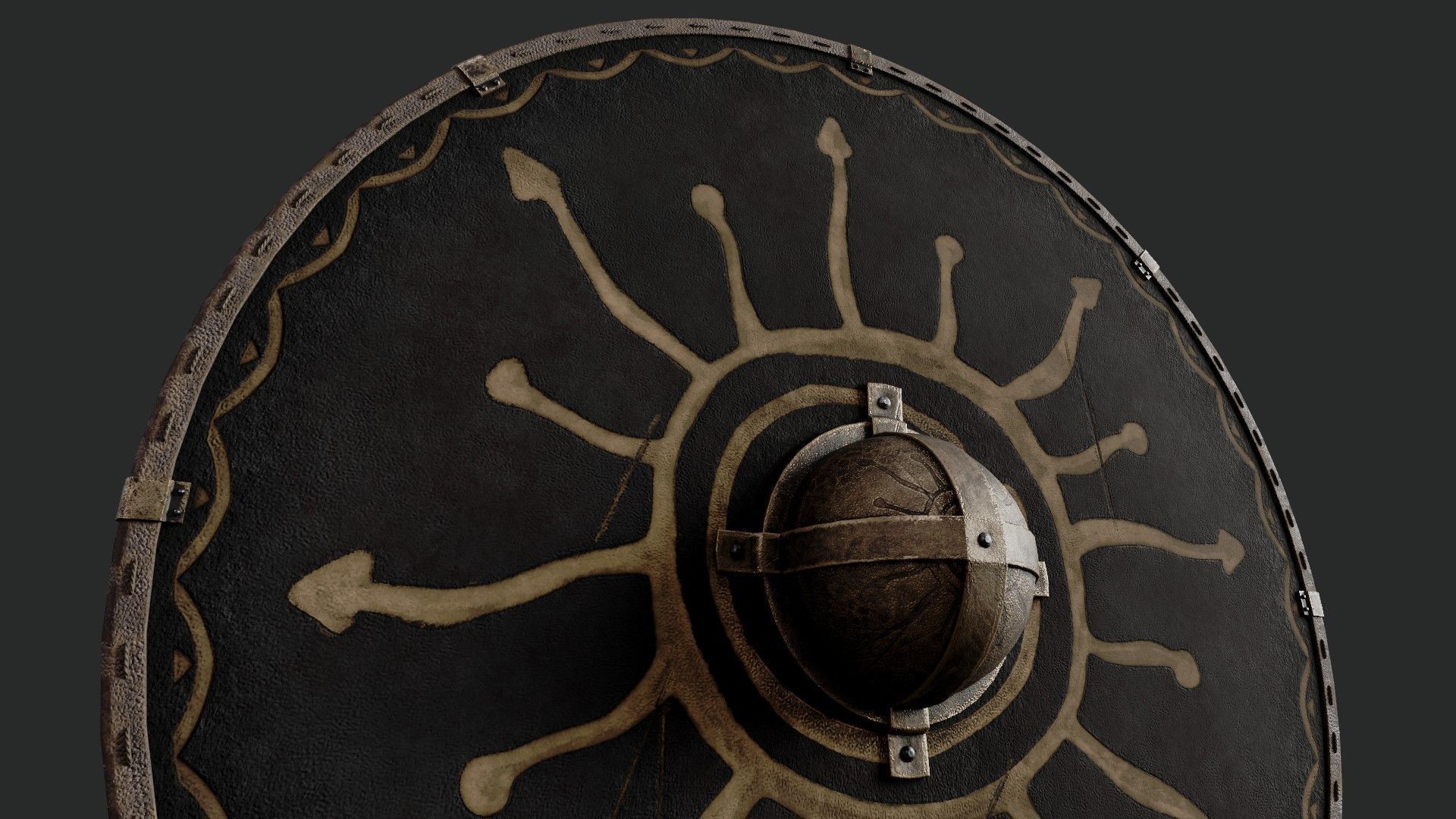 Slavic round leather shield-painted black with Sun symbol Low-poly 3D model_4
