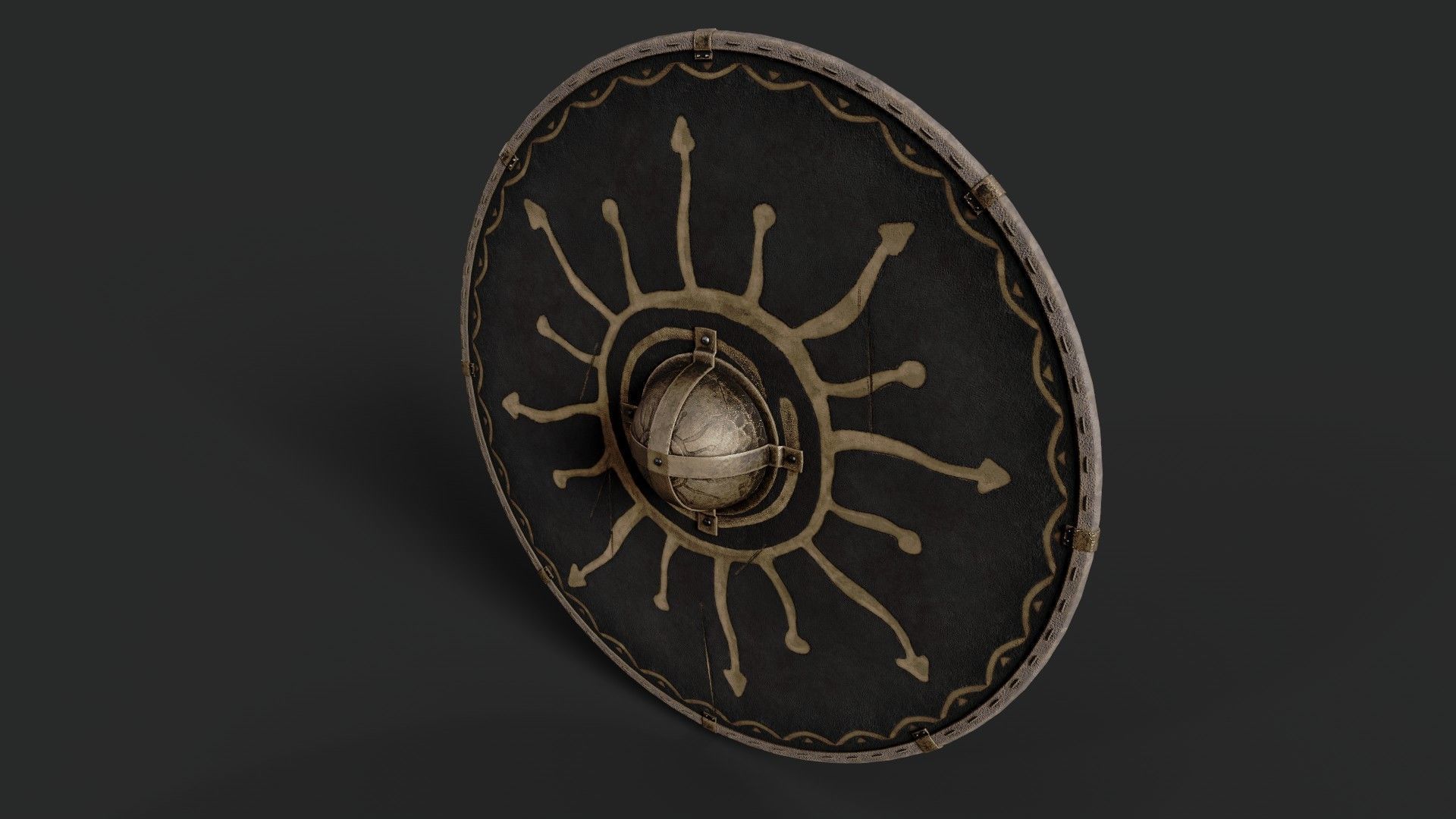 Slavic round leather shield-painted black with Sun symbol Low-poly 3D model_5