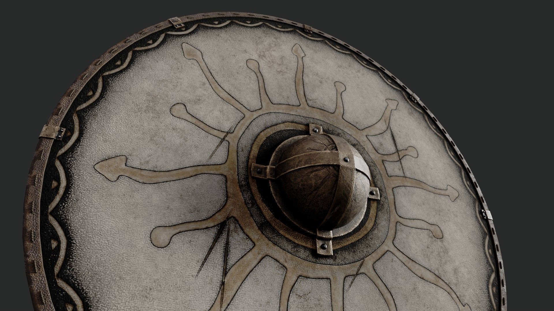 Slavic round leather shield-painted white with Sun symbol Low-poly 3D model_4