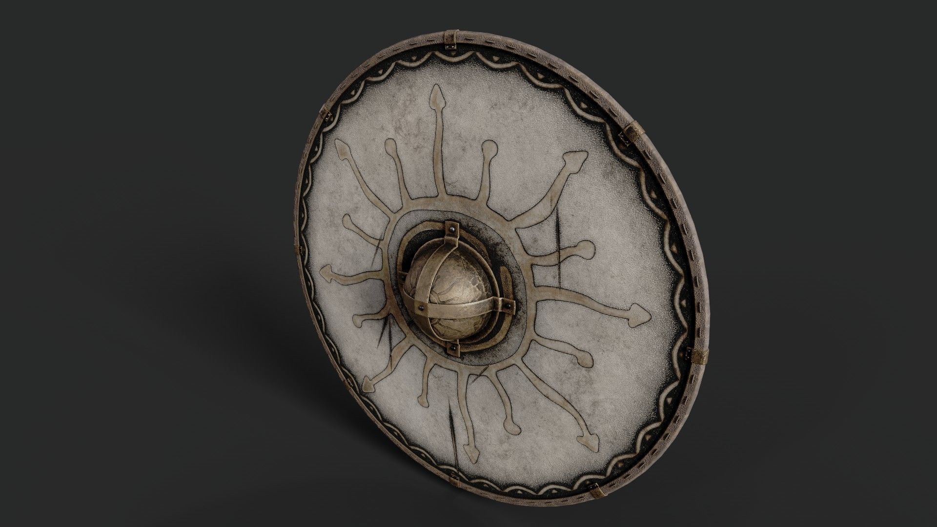 Slavic round leather shield-painted white with Sun symbol Low-poly 3D model_5