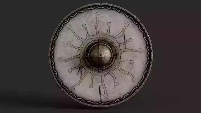 Slavic round leather shield-painted white with Sun symbol Low-poly 3D model