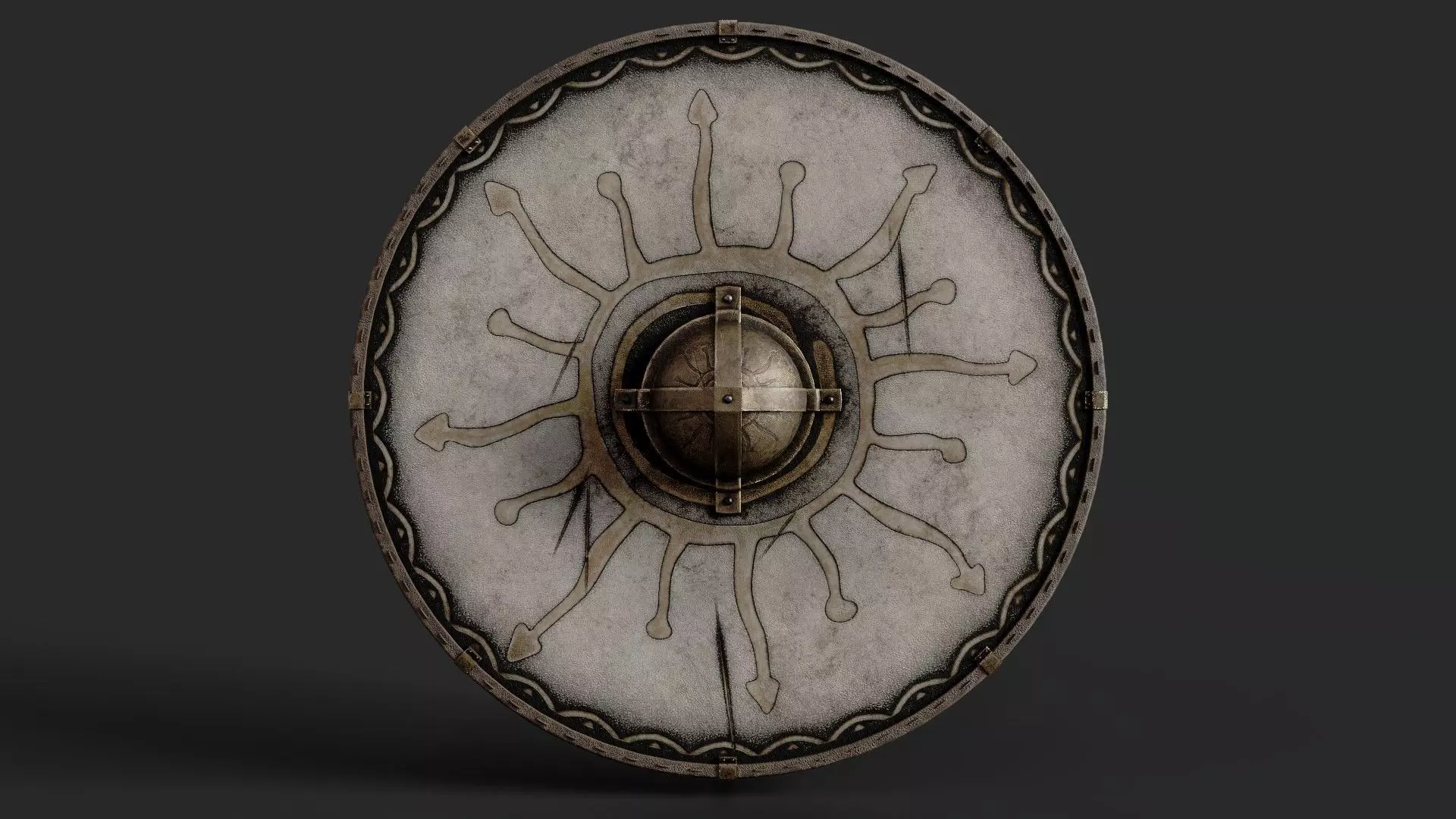 Slavic round leather shield-painted white with Sun symbol Low-poly 3D model_0