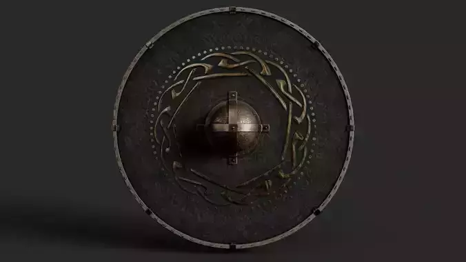 Slavic round leather shield-painted black with nordic symbol Low-poly 3D model