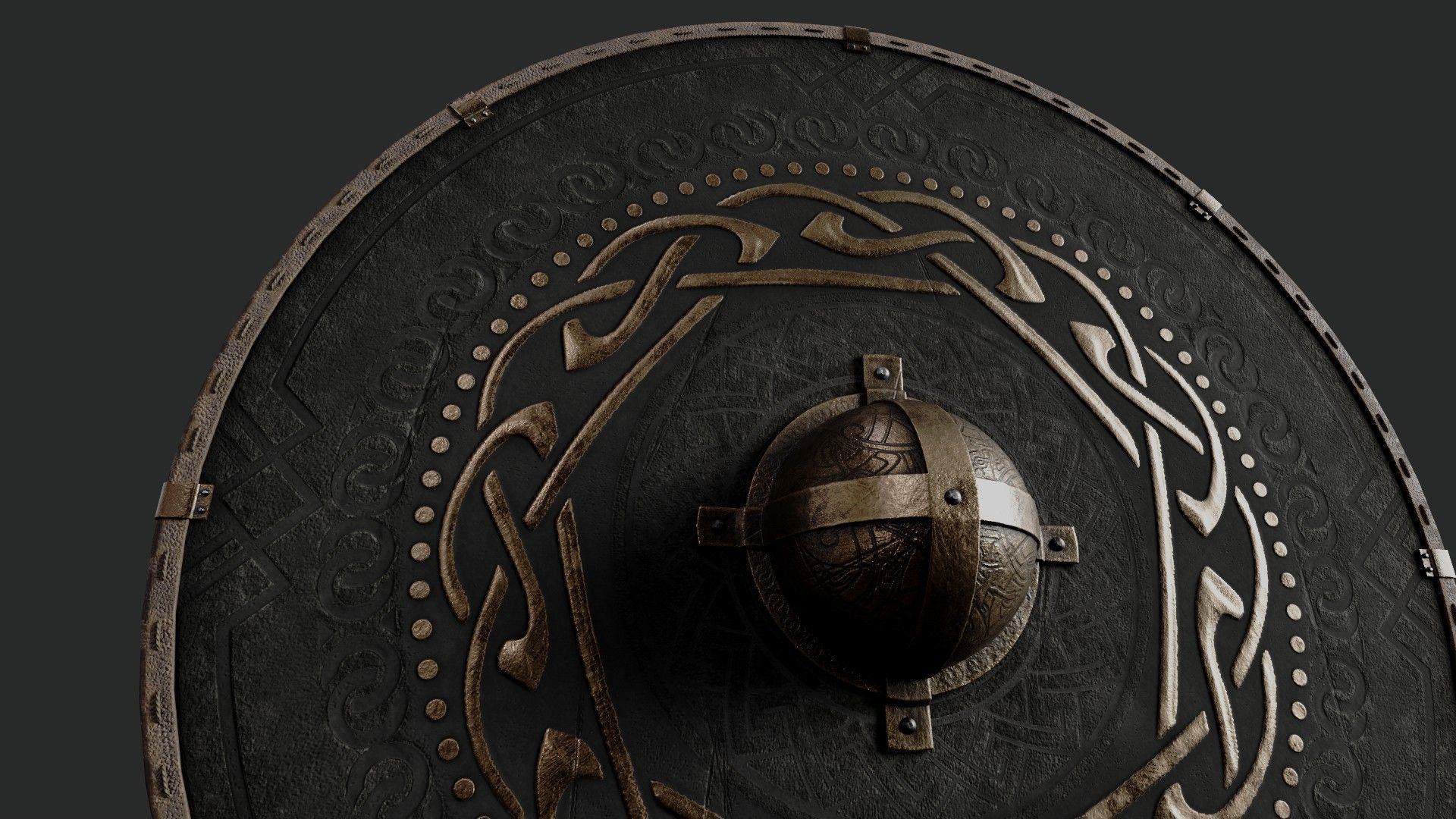 Slavic round leather shield-painted black with nordic symbol Low-poly 3D model_4