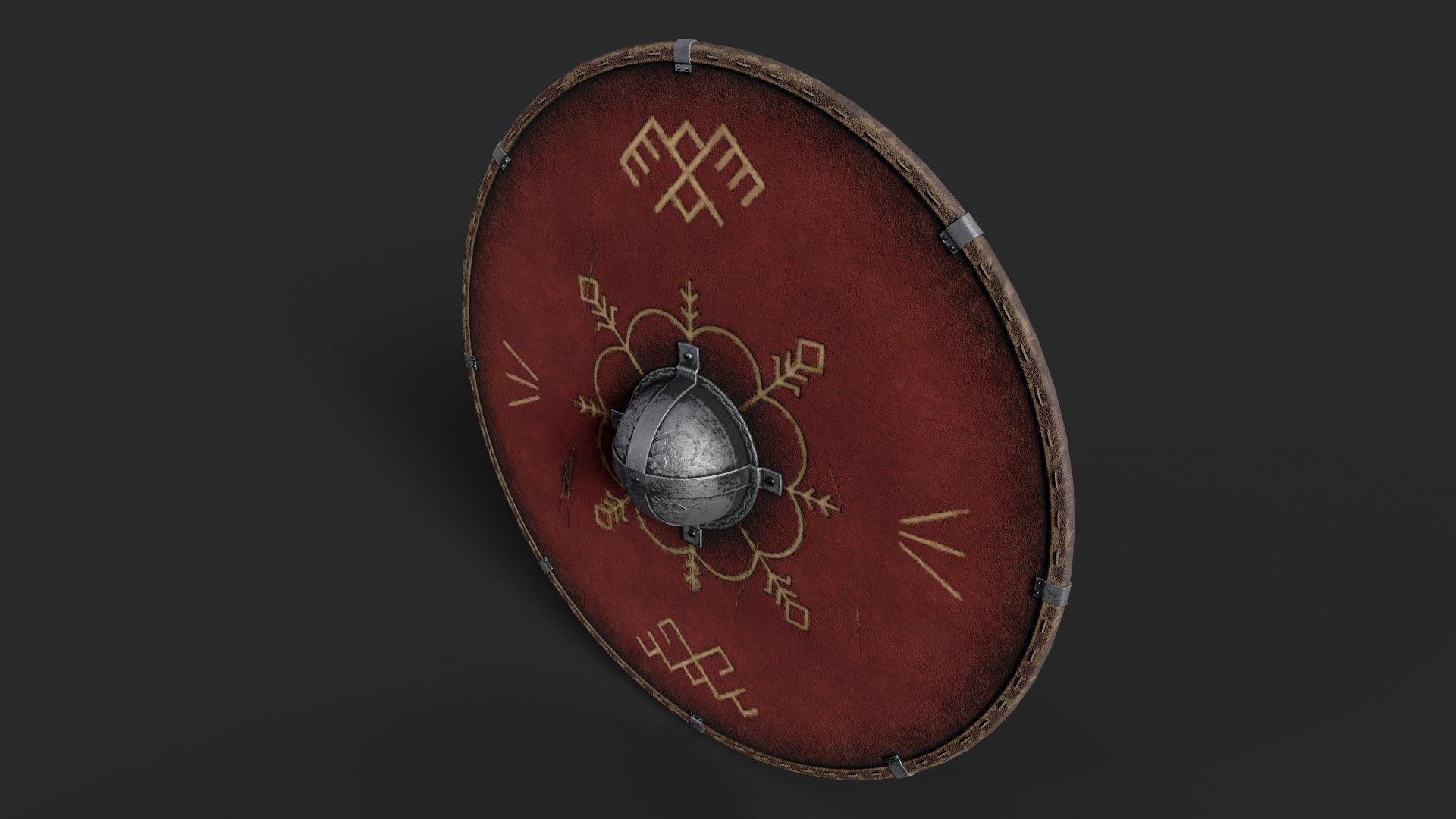 Slavic round leather shield-painted red with pagan symbol Low-poly 3D model_5