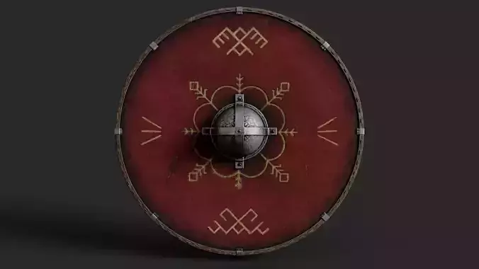 Slavic round leather shield-painted red with pagan symbol Low-poly 3D model