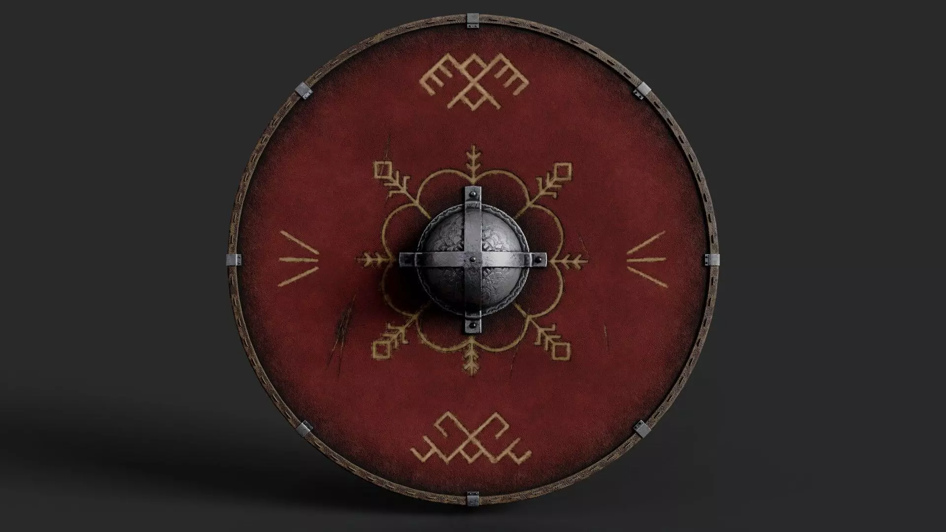 Slavic round leather shield-painted red with pagan symbol Low-poly 3D model_0