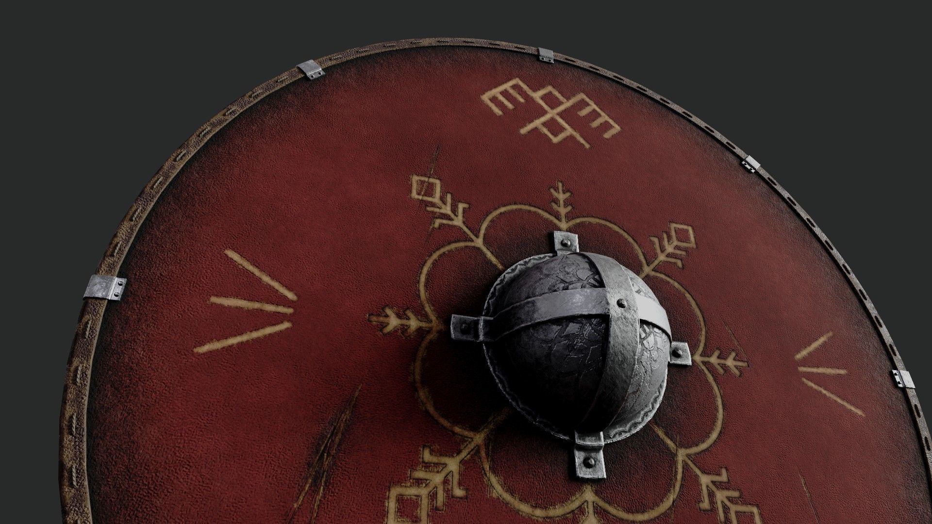 Slavic round leather shield-painted red with pagan symbol Low-poly 3D model_4