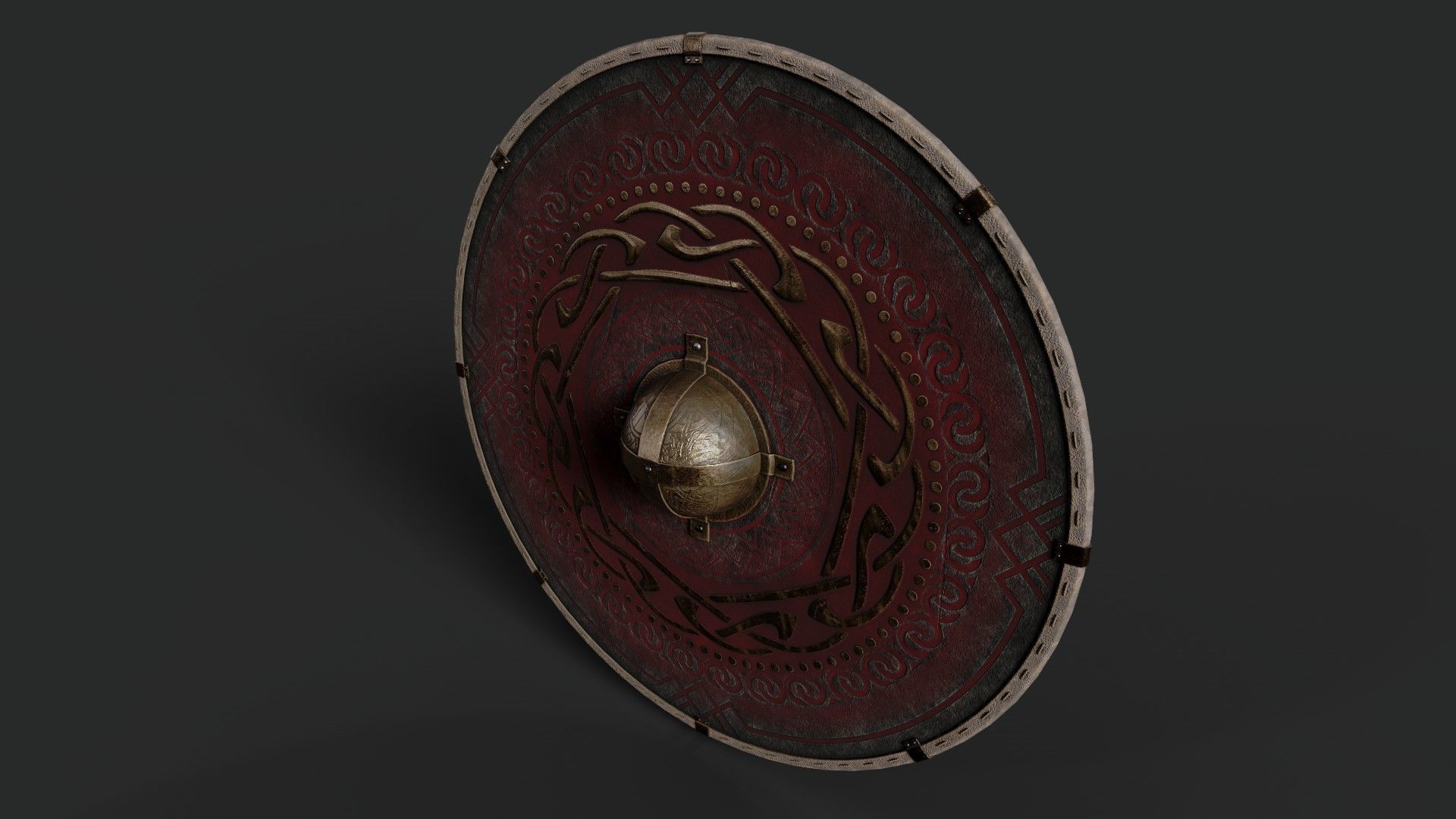 Slavic round leather shield-painted red with golden  symbol Low-poly 3D model_5