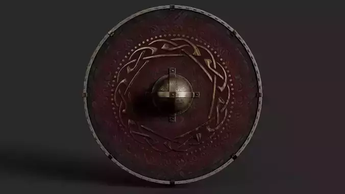 Slavic round leather shield-painted red with golden  symbol Low-poly 3D model