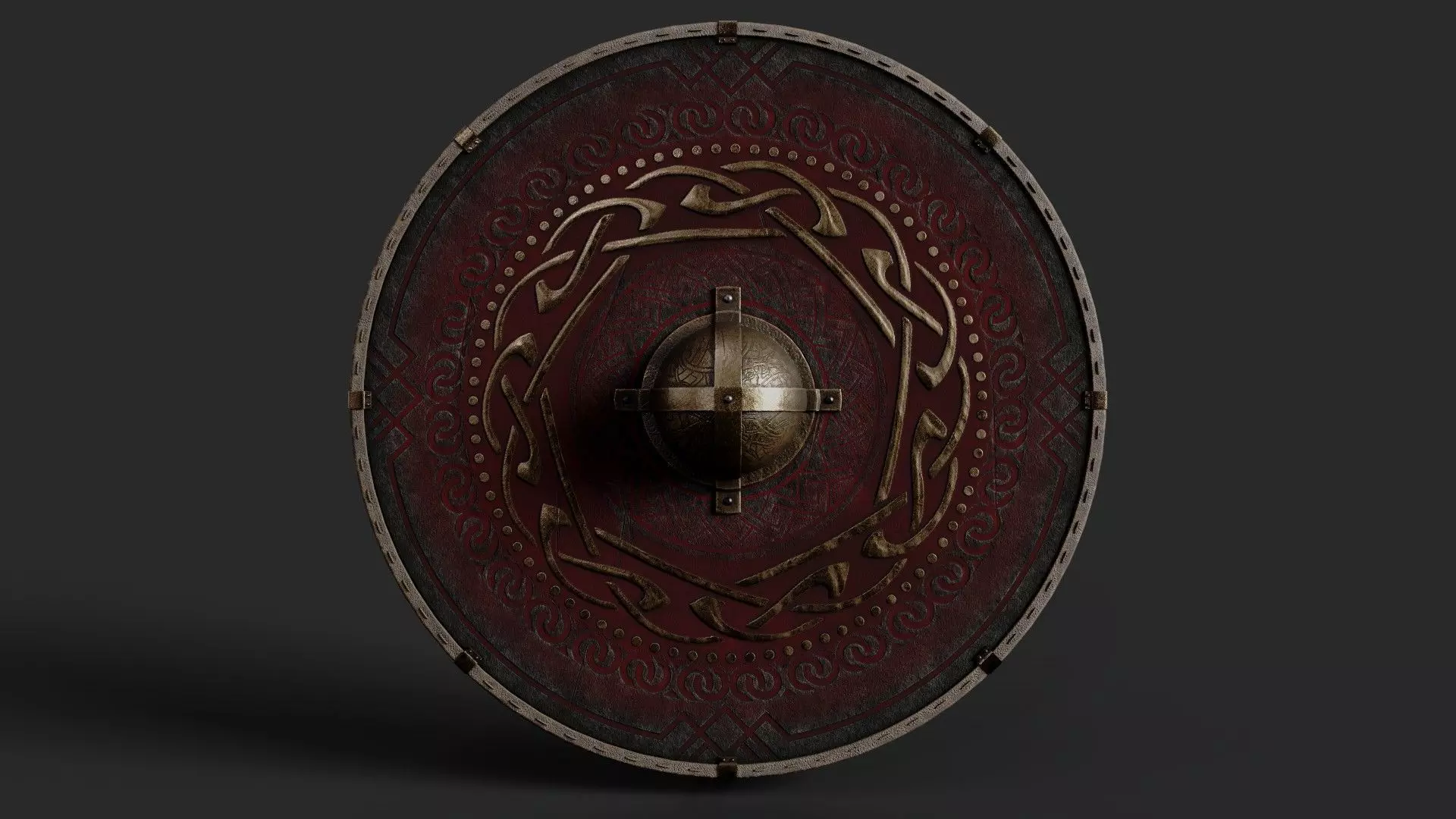 Slavic round leather shield-painted red with golden  symbol Low-poly 3D model_0