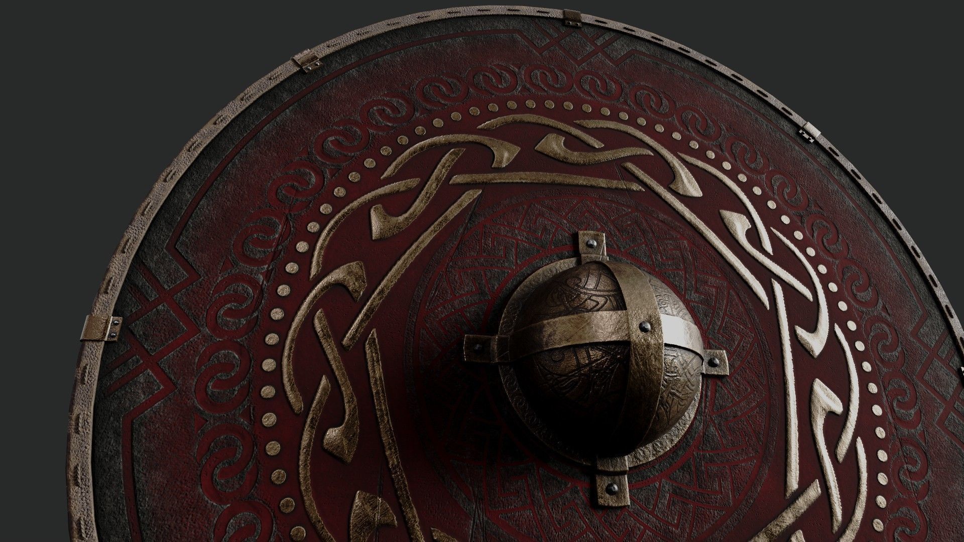 Slavic round leather shield-painted red with golden  symbol Low-poly 3D model_4