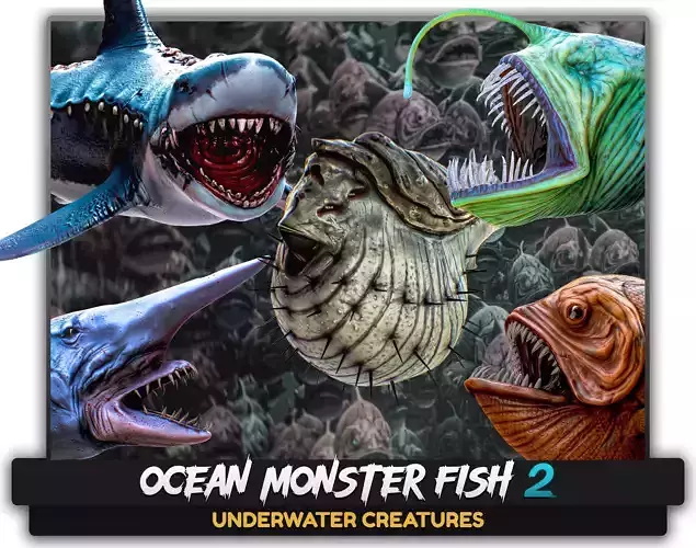 Ocean Monster Fish Pack - Low poly - Predator - Creatures - 11 3D Model Collection
