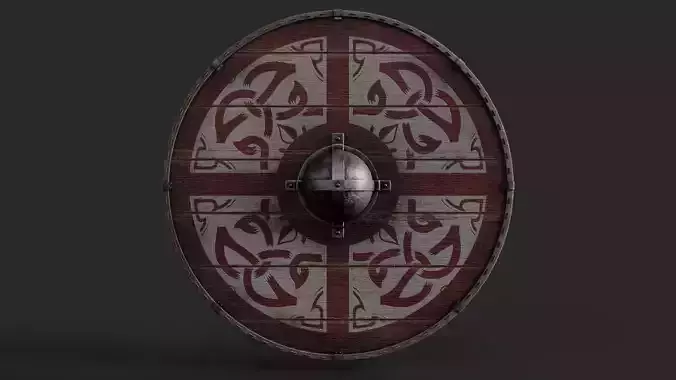 Slavic round wooden shield-painted red and white with  symbol Low-poly 3D model