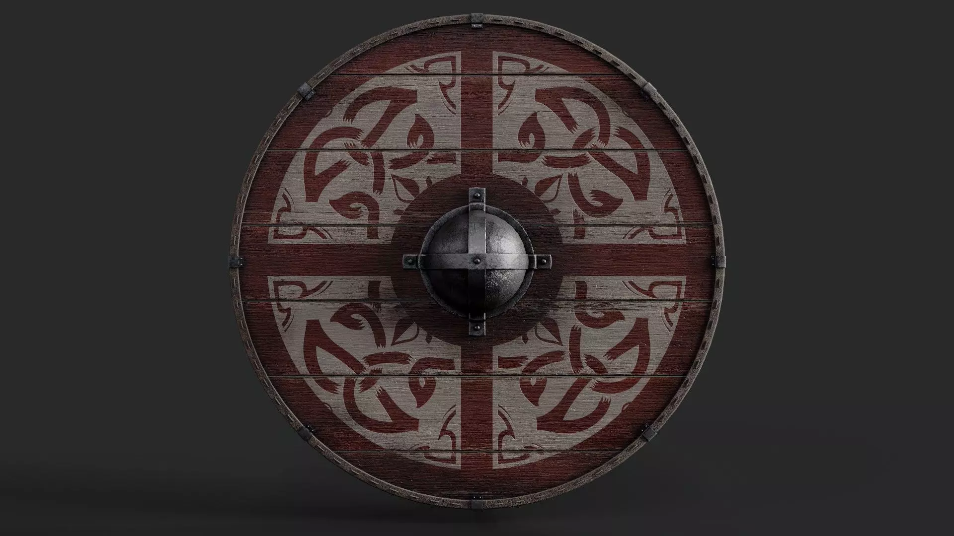 Slavic round wooden shield-painted red and white with  symbol Low-poly 3D model_0