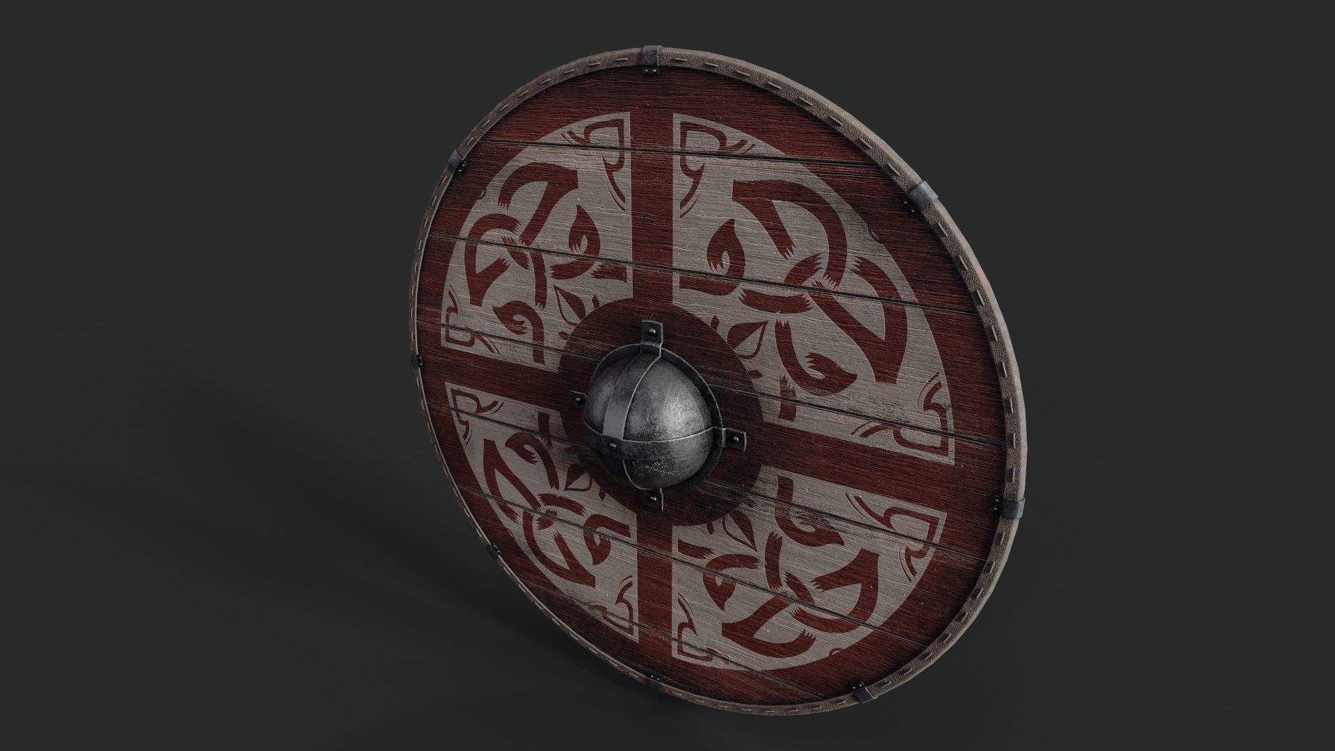 Slavic round wooden shield-painted red and white with  symbol Low-poly 3D model_5