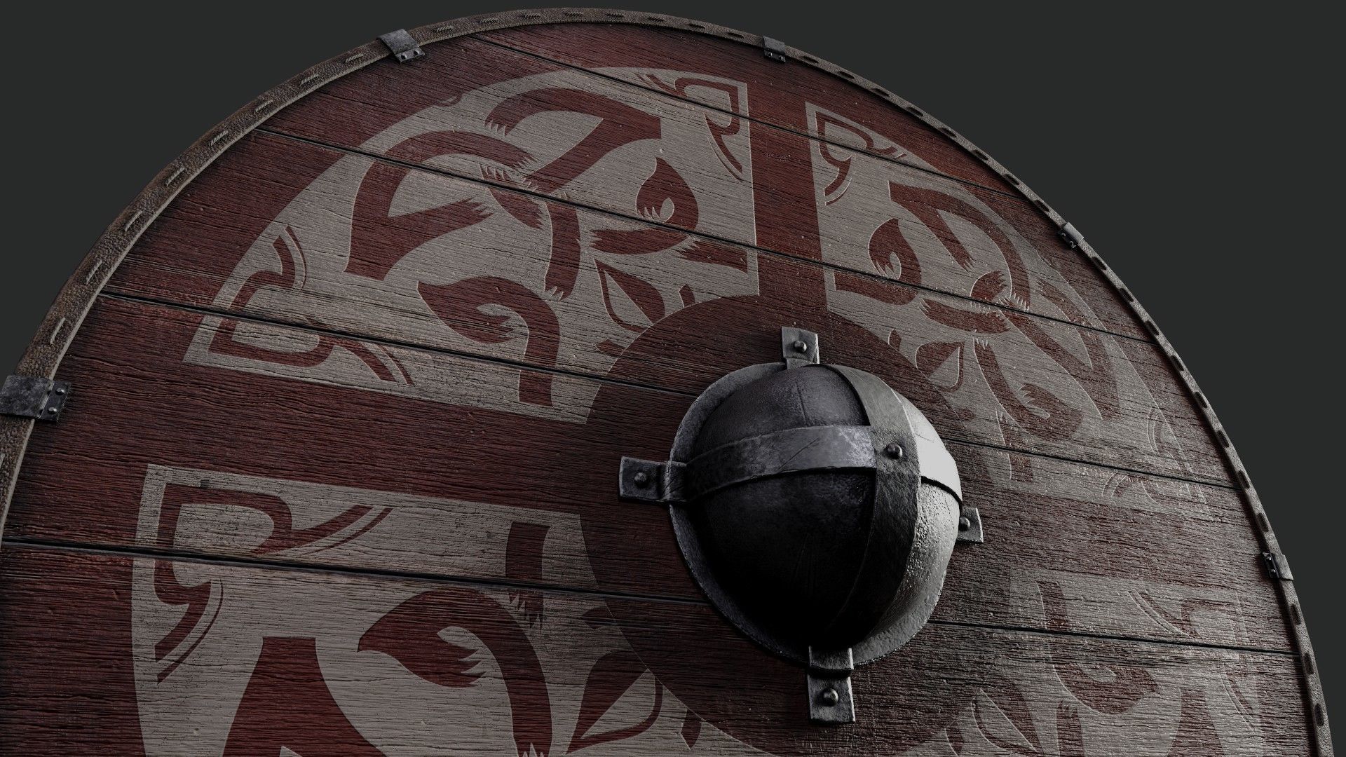 Slavic round wooden shield-painted red and white with  symbol Low-poly 3D model_4