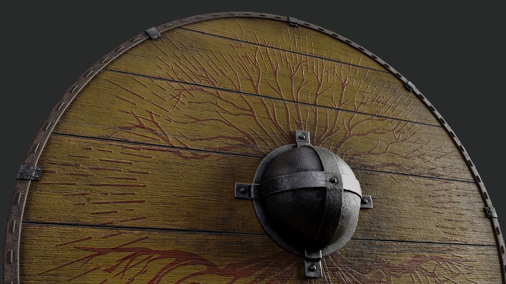 Slavic round wooden shield-painted yellow with trees symbol Low-poly 3D model_4