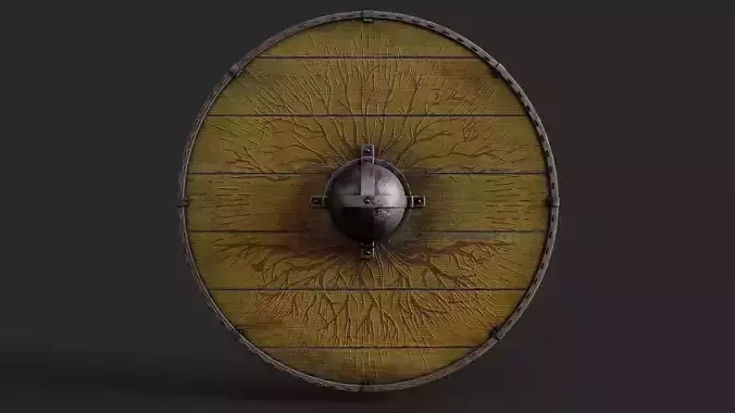Slavic round wooden shield-painted yellow with trees symbol Low-poly 3D model