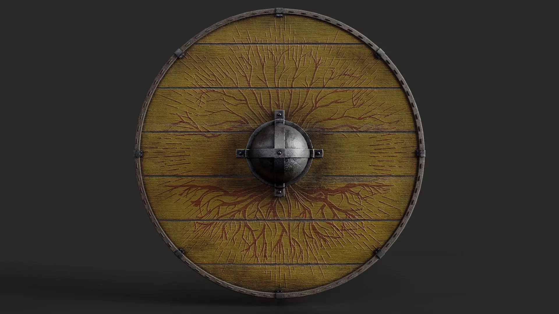 Slavic round wooden shield-painted yellow with trees symbol Low-poly 3D model_0
