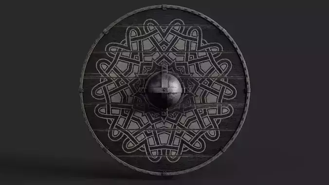 Slavic round wooden shield-painted  with nordic symbol Low-poly 3D model