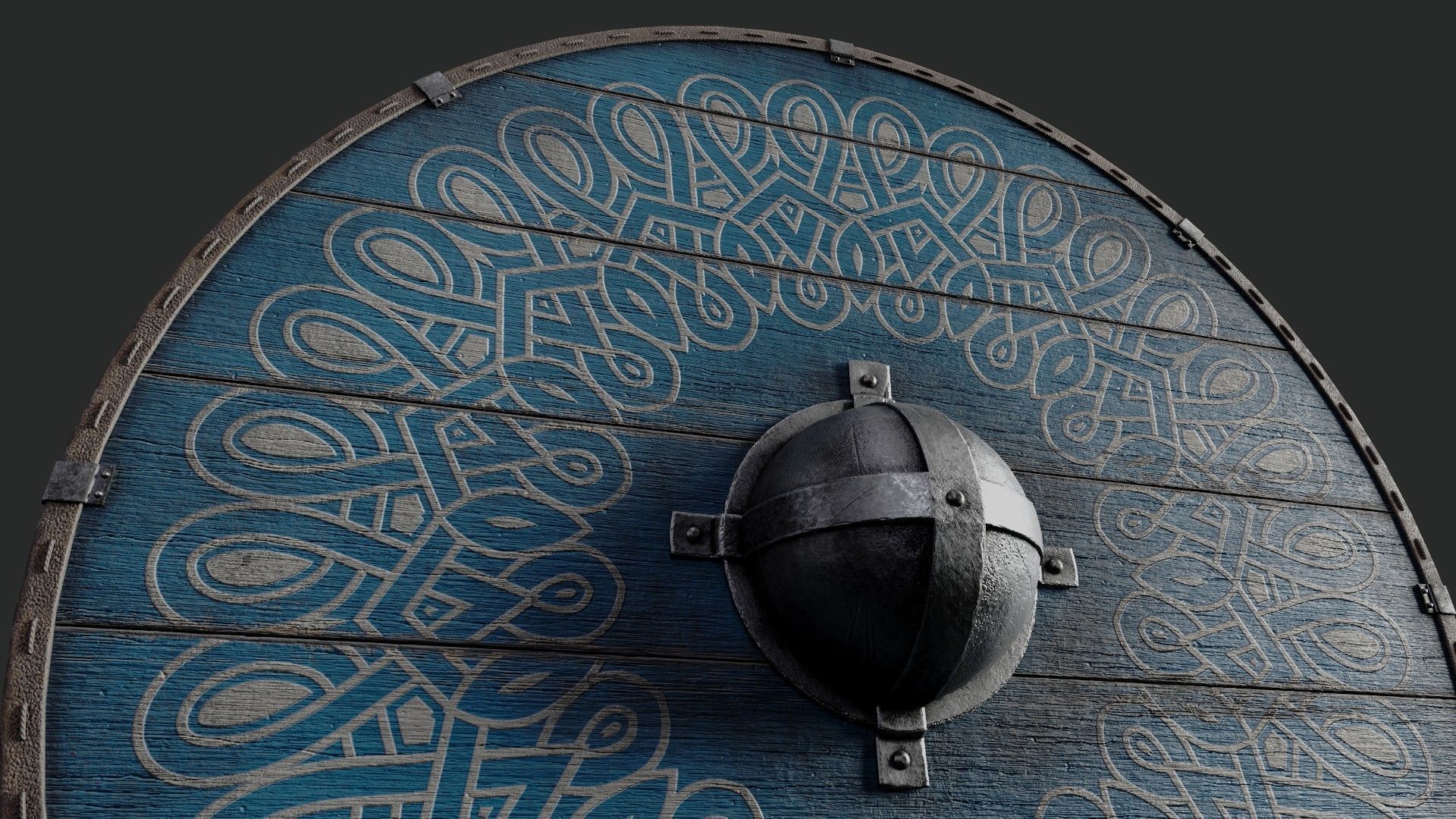 Slavic round wooden shield-painted blue with nordic symbol Low-poly 3D model_4