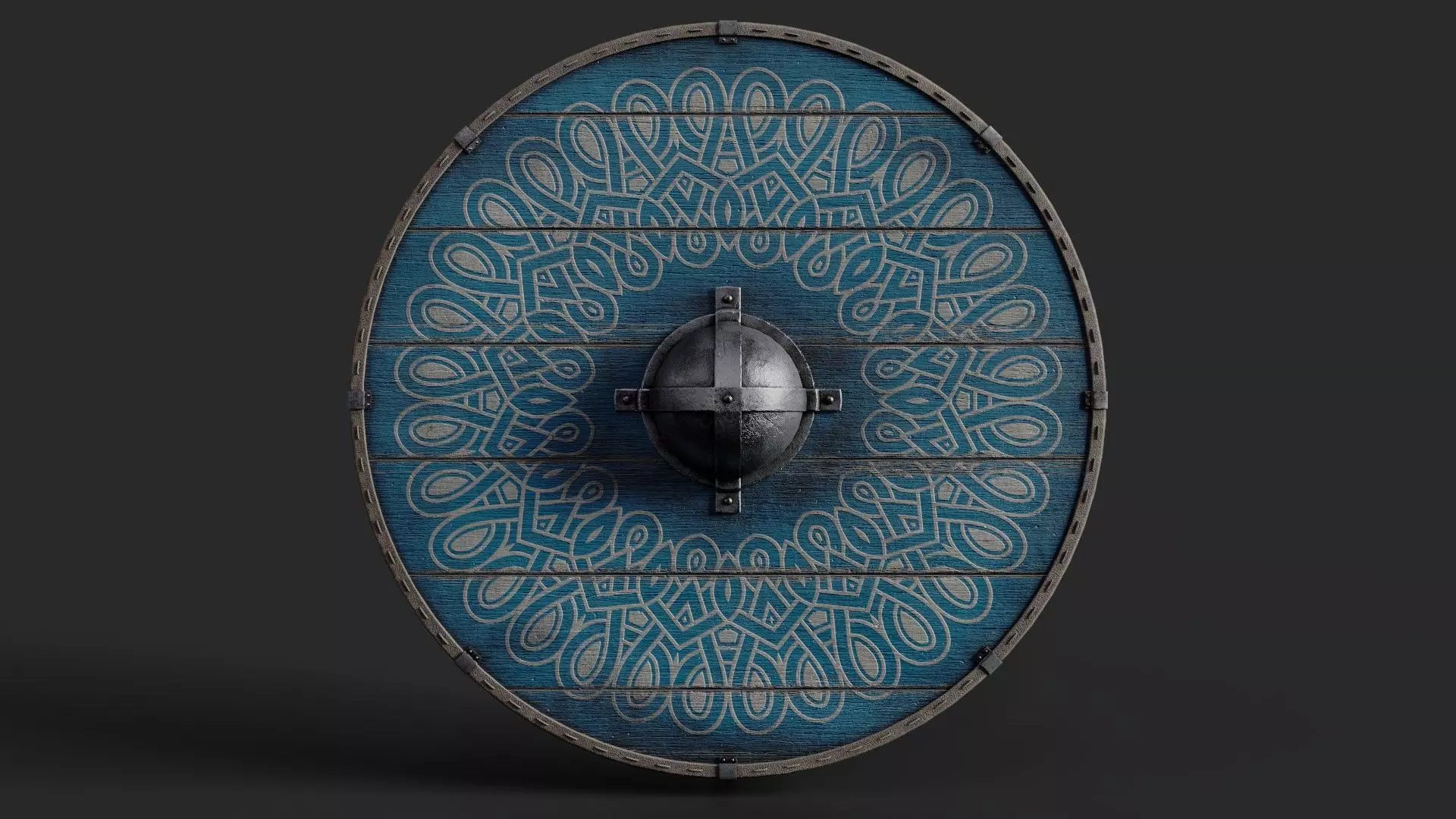 Slavic round wooden shield-painted blue with nordic symbol Low-poly 3D model_0