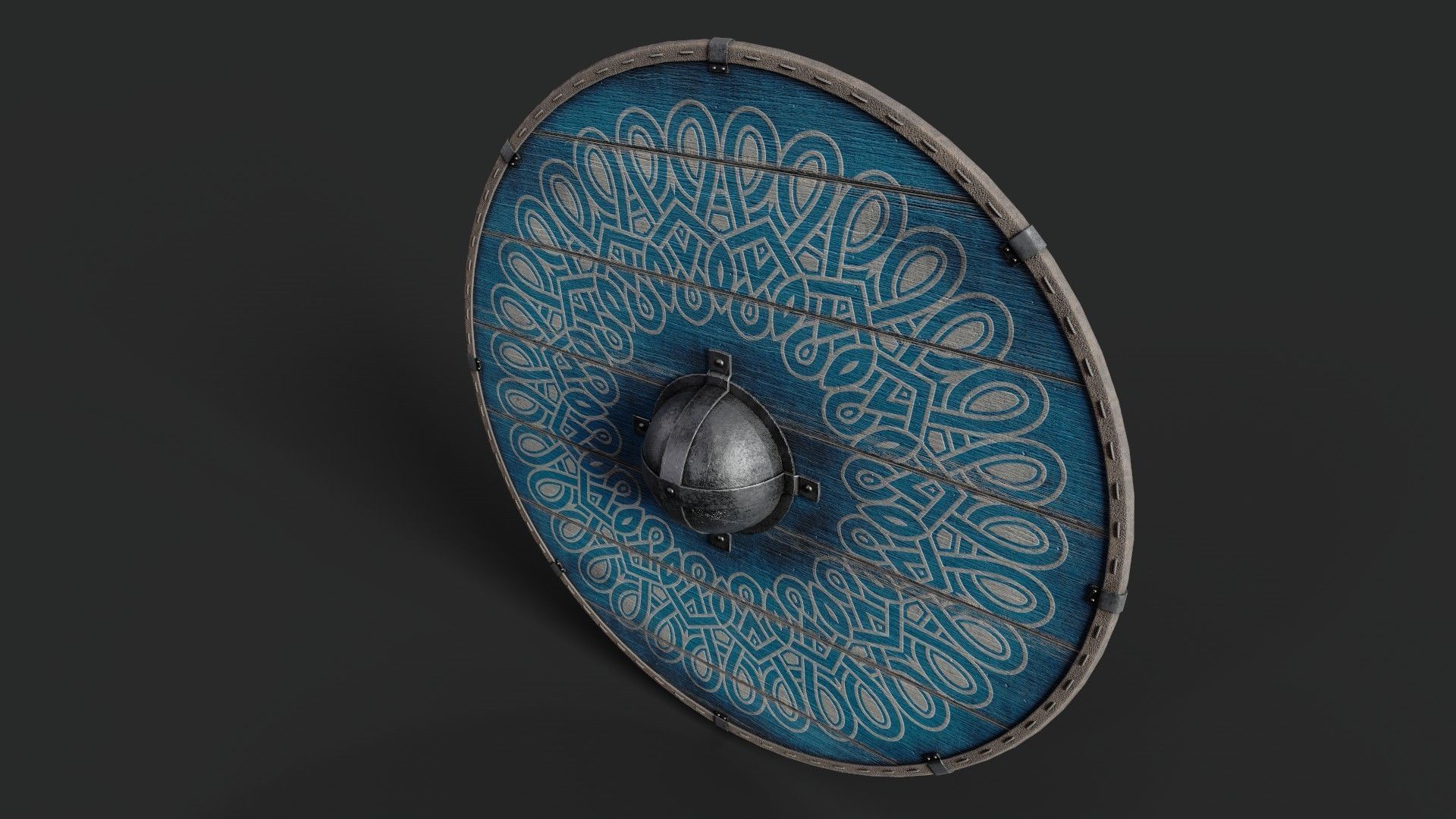 Slavic round wooden shield-painted blue with nordic symbol Low-poly 3D model_5