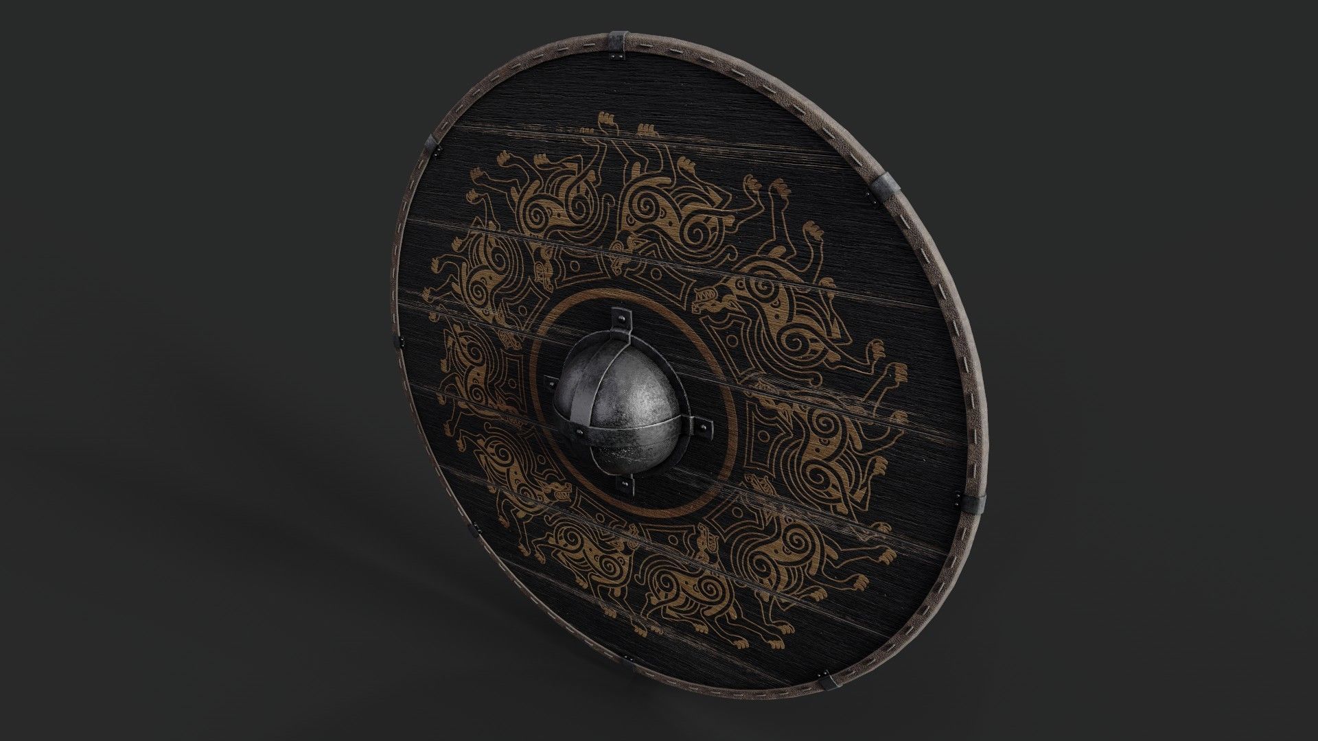 Slavic round wooden shield-painted black with fenrir symbol Low-poly 3D model_5