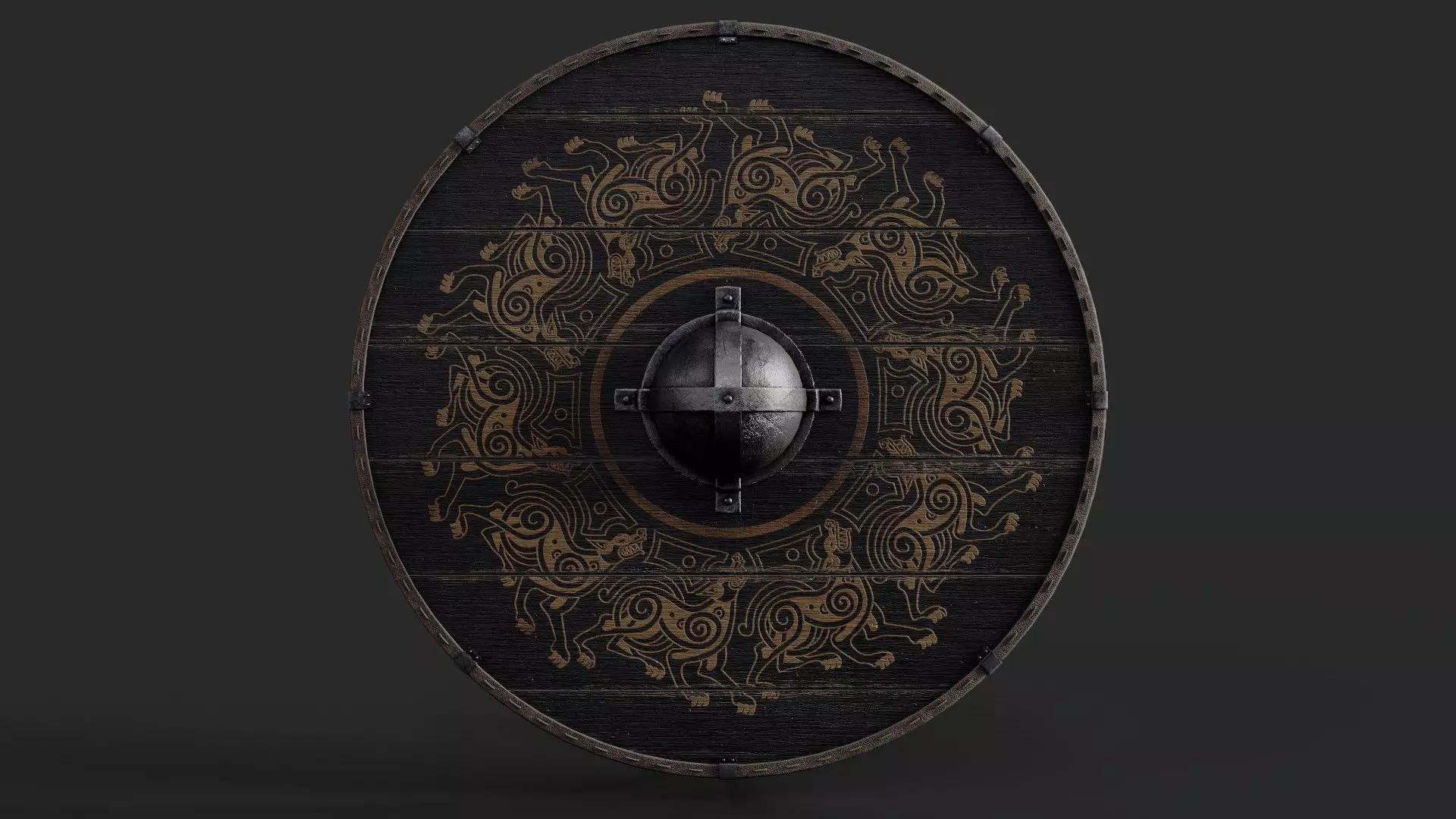 Slavic round wooden shield-painted black with fenrir symbol Low-poly 3D model_0