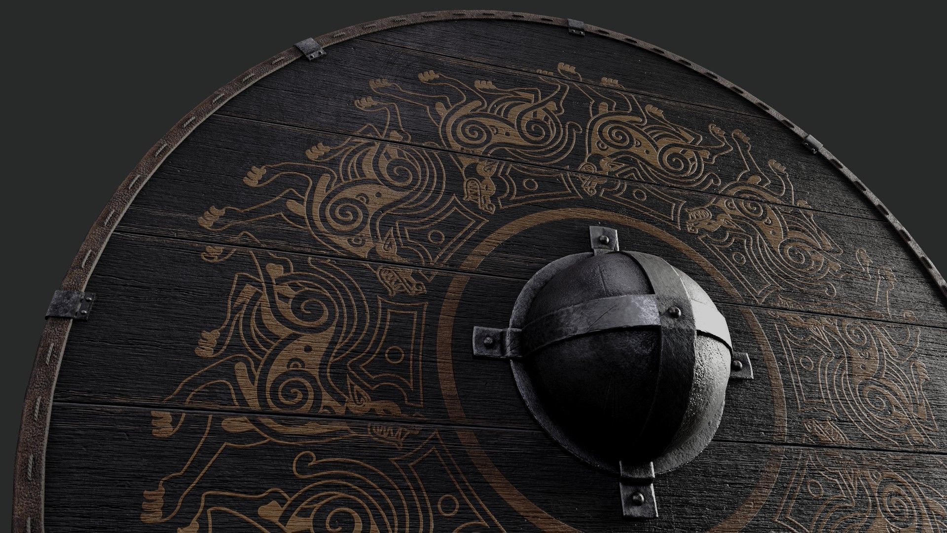 Slavic round wooden shield-painted black with fenrir symbol Low-poly 3D model_4