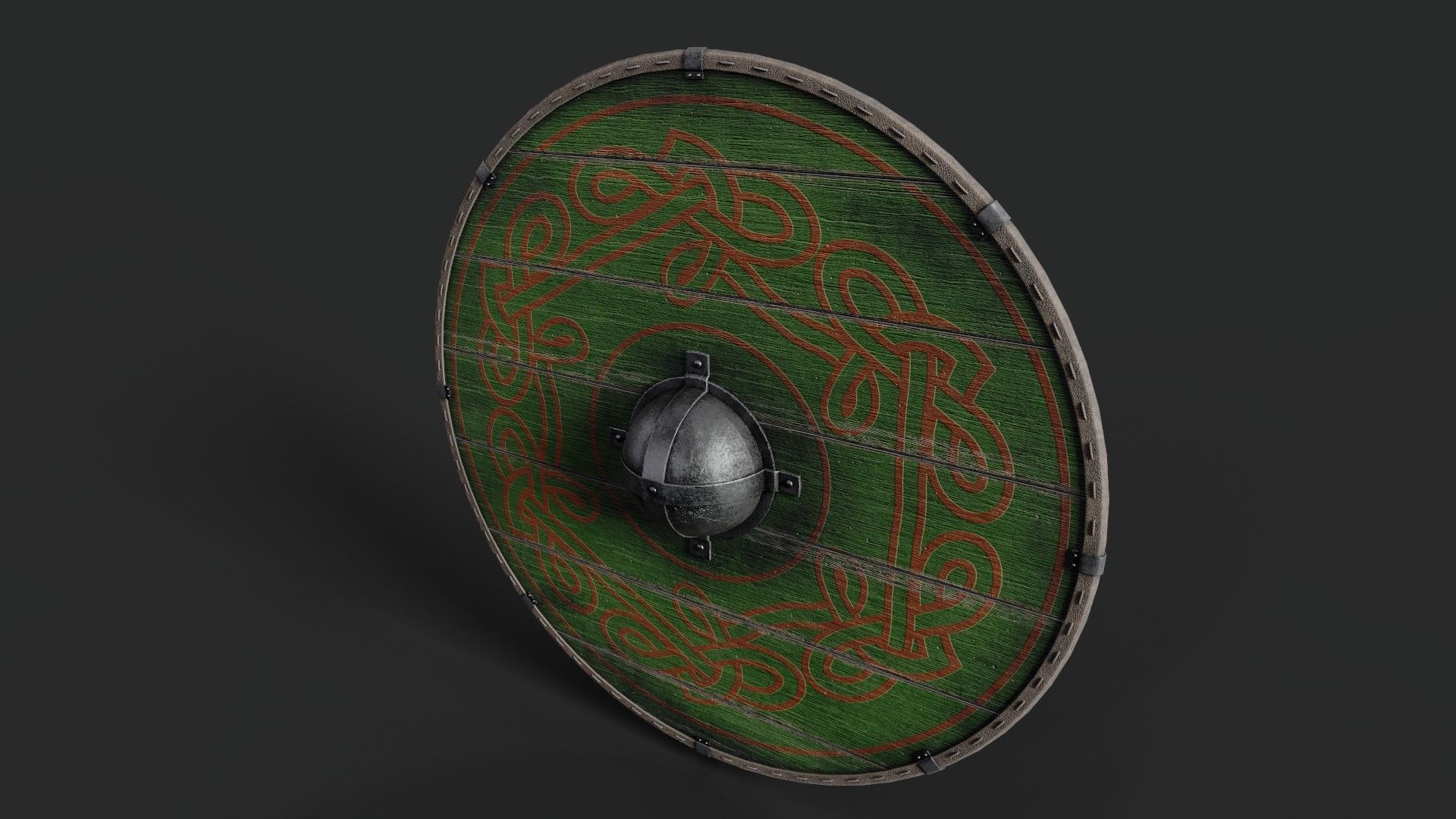 Slavic round wooden shield-painted green with red nordic symbol Low-poly 3D model_5
