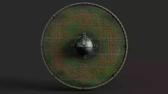 Slavic round wooden shield-painted green with red nordic symbol Low-poly 3D model