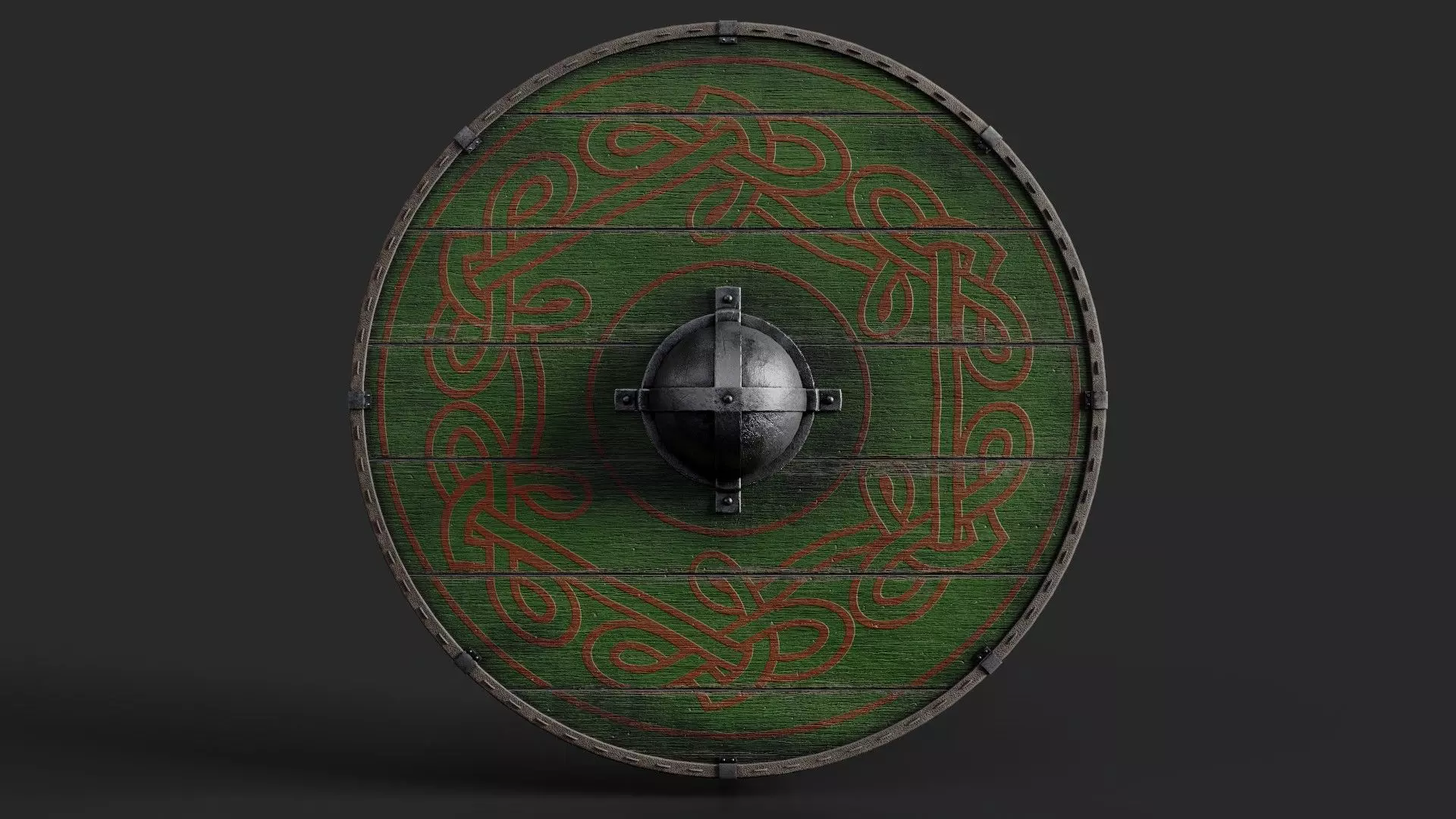 Slavic round wooden shield-painted green with red nordic symbol Low-poly 3D model_0