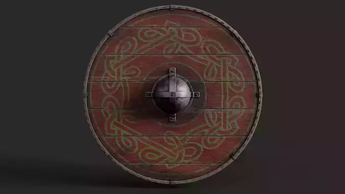Slavic round wooden shield-painted red with green nordic symbol Low-poly 3D model