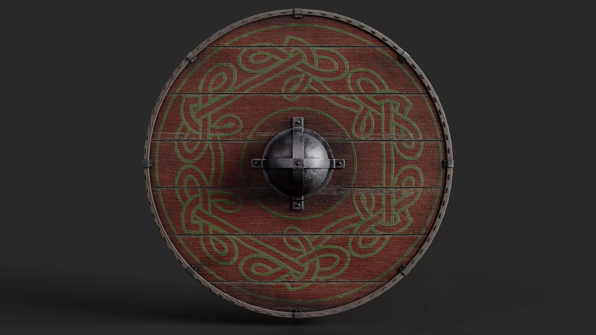 Slavic round wooden shield-painted red with green nordic symbol Low-poly 3D model_0