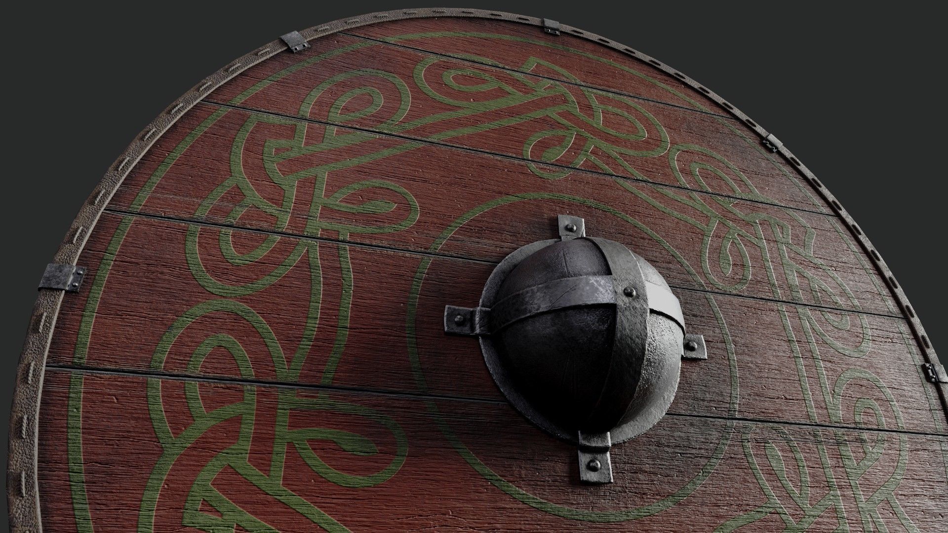 Slavic round wooden shield-painted red with green nordic symbol Low-poly 3D model_4