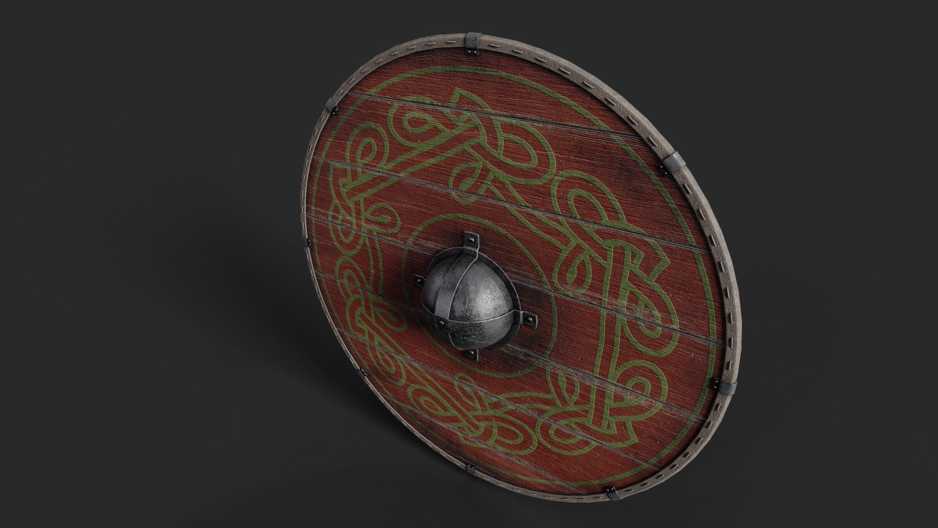Slavic round wooden shield-painted red with green nordic symbol Low-poly 3D model_5