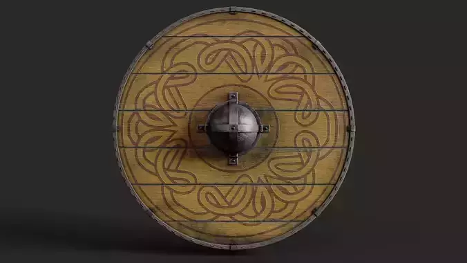 Slavic round wooden shield-painted yellow with nordic symbol Low-poly 3D model