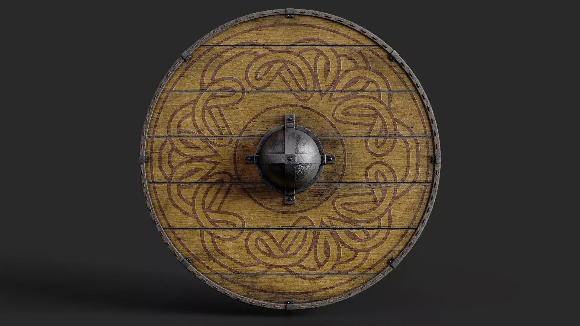 Slavic round wooden shield-painted yellow with nordic symbol Low-poly 3D model_0